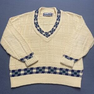 VTG SHENANDOAH Sweater Womens Medium Beige Fair Isle V-Neck Chunky-Knit USA 90s